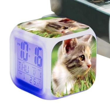 Imagem de Despertador de gatinho, despertador de gato para crianças | Relógio infantil LED Despertador Relógio digital de mesa em cubo - Despertador eletrônico colorido, relógio para amantes de gatos para sala