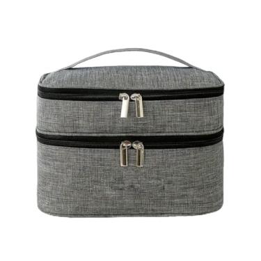 Imagem de Genérico, Necessaire Feminina Cinza Bolsa com Divisórias 2 Zíper Bagagem Maquiagem Academia Viagem Trabalho