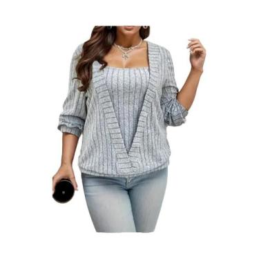 Imagem de Moletom Feminino plus Size De Manga Longa Com Textura Lisa Para Primav