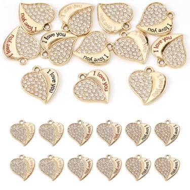 Imagem de FASHEWELRY 12 pingentes de coração com strass de cristal, dia dos namorados, amuletos de coração com a palavra I Love You, pingentes de strass dourados brilhantes para brincos faça você mesmo, colar
