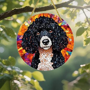 Imagem de Suncatcher acrílico colorido, cachorro poodle preto, 18 cm, decoração de parede para janela suspensa com design de vitral impresso, ideia de presente e ornamento de jardim, uso interno e externo