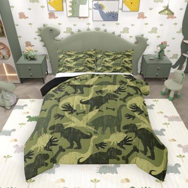 Imagem de jejeloiu Conjunto de edredom de dinossauro, solteiro, para crianças, meninos, meninas, fofo, engraçado, camuflado, verde, para decoração de quarto, microfibra, 2 peças com 1 fronha
