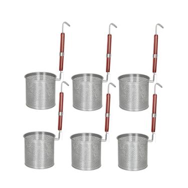 Imagem de 6 peças cesta de macarrão de malha inserção de coador para panela, escorredor com cabo de madeira redondo filtro de aranha de malha de aço inoxidável para macarrão macarrão bolinho vegetais