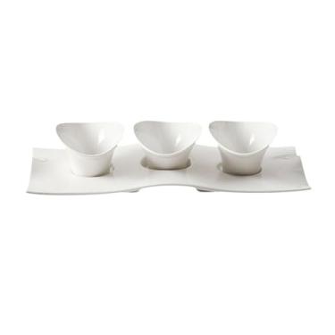 Imagem de KEG801302 Prato de condimento de porcelana branca para cozinha tigela de molho de salada de cerâmica doméstica utensílios de mesa criativos três compartimentos prato de lanche tigelas de imersão