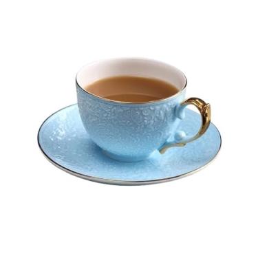 Imagem de Conjunto de xícaras e pires de café com borda dourada de luxo europeu moderno de alta qualidade 250 ml xícaras de café porcelana de osso chávenas de chá pretas (azul)
