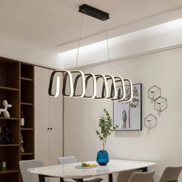 Imagem de Luminária pendente LED preta para sala de jantar, com intensidade regulável e controle remoto. Design moderno e alongado, ideal para mesa de jantar, escritório, loja ou sala de estudos. Cúpu