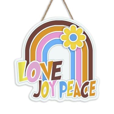 Imagem de Bolisom Placa inspiradora de amor, alegria, paz, arco-íris, porta da frente, cabide motivacional de placa de madeira para quarto de meninas, decoração de casa, coroa de madeira floral hippie positiva