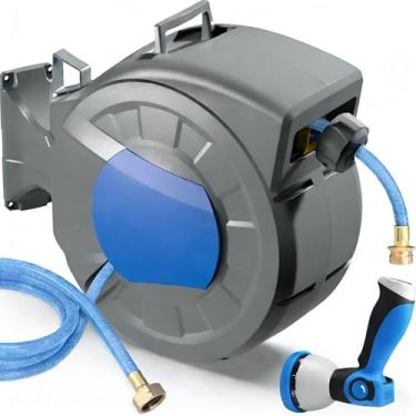 Imagem de Carretel de mangueira de jardim retrátil, 1,27 cm x 30,5 m + carretel de mangueira de água de 2 m montado na parede para exterior com bocal de 10 padrões, sistema de rebobinamento lento