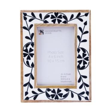 Imagem de Handicrafts Home Porta-retrato de 10 x 15 cm – Alhambra preto e branco incrustado de resina e madeira – Moldura de exibição feita à mão para mesa, prateleira, parede ou mesa – decoração rústica boho