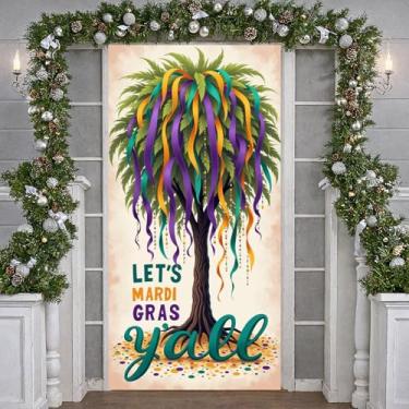 Imagem de Banner de cobertura de porta da frente de carnaval, 187 x 80 cm, capa de porta de baile de máscaras de carnaval, decoração de férias internas e externas, decoração festiva de casa e festa (VAMOS MARDI