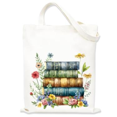 Imagem de Sacola estética vintage para mulheres e meninas, bolsas de tecido com alças, sacola temática de livros para amantes de livros, sacolas fofas para mulheres, bolsa de compras reutilizável para viagens