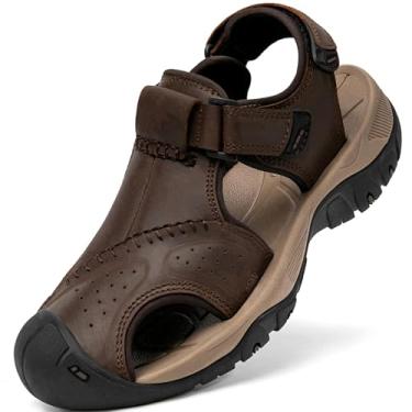 Imagem de Sandálias esportivas masculinas de couro com bico fechado, trilhas, atividades ao ar livre, praia, trilha, pesca, água, leve, confortável, à prova d'água, B - marrom café, 44