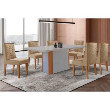 Imagem de Conjunto: Mesa Sala Jantar Pietá c/ Tampo Madeirado c/ Vidro Canto Curvo 180x90cm e 6 Cadeiras Dafne Naturale/Off White - Linho Bege - Rufato