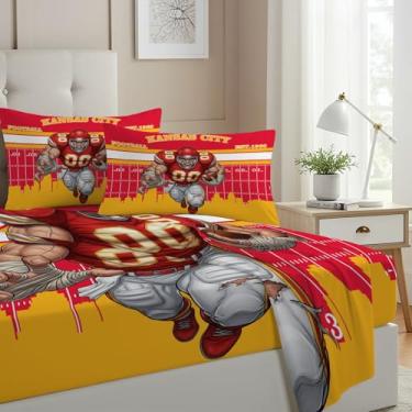 Imagem de Allenjoy Jogo de lençol Kansas City American Football Red Pride com lençol com elástico, lençol de cima e 2 fronhas para decoração de quarto de homens, adolescentes e meninos, tamanho casal