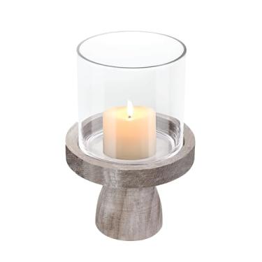 Imagem de Castiçal de vidro furacão de 18 cm de largura com base de madeira marrom vintage, peça central decorativa, vaso cilíndrico transparente, estilo de fazenda moderno (marrom rústico, 18 x 28 cm)