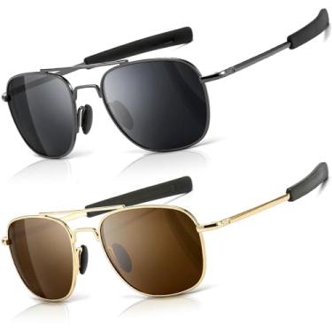 Imagem de SUNGAIT Óculos de sol masculino estilo militar aviador polarizado, hastes baioneta, Metal, cinza, dourado/marrom, tamanho �nico