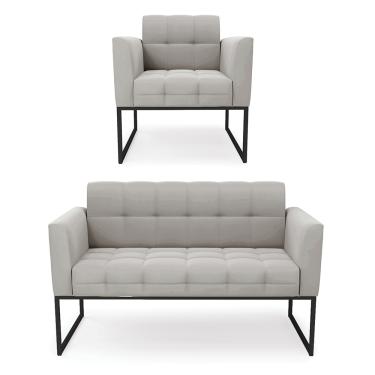 Imagem de Kit 1 Sofá Namoradeira e 1 Poltrona Elisa Veludo Cinza Base Metálica Industrial Preto D03 - D'Rossi