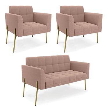 Imagem de Namoradeira e 2 Poltronas Pé de Ferro Dourado Elisa Bouclê Rosê D03 - D'Rossi