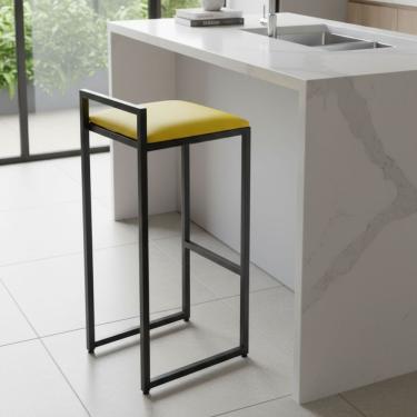 Imagem de Banqueta Alta Cozinha Bar Balcão Bistrô Industrial Assento Estofado amarelo