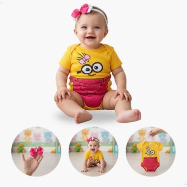 Imagem de Body Fantasia Minions Bebê Menina Menino Touca Lacinho Born - KIDSBEHA
