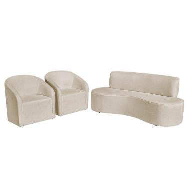 Imagem de Kit Sofá Curvo Amsterdã 200cm E 2 Poltronas Luiza Max Bouclé Bege