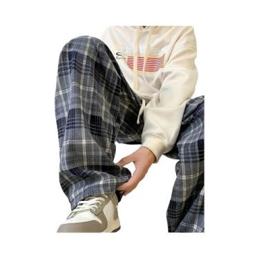 Imagem de Calças Casuais Masculinas Retrô Xadrez De Perna Larga, Estilo Coreano 