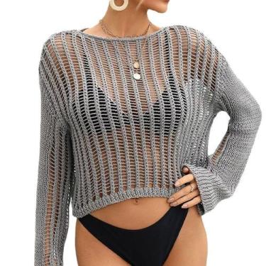 Imagem de Cardigan Beach Cover Up feminino de manga comprida, tricotado em croch