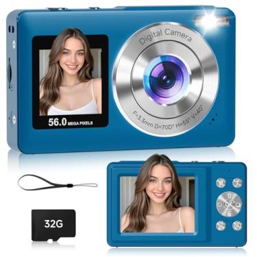 Imagem de Câmera digital, tela dupla de 56 MP com foco automático, captura de sorriso, antirvibração, zoom de 16x, cartão SD de 32 GB, presente Digicam para meninos, meninas e adolescentes