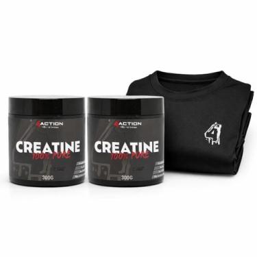Imagem de Kit 2x Creatina Monohidratada 100 Pura 300g Action Camisa Dry Fit Pret
