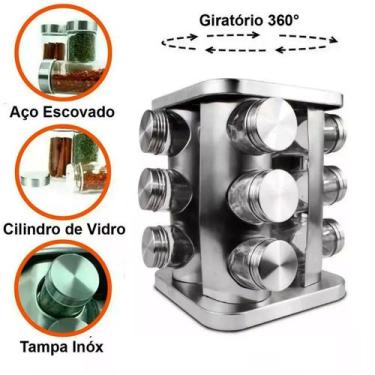 Imagem de Porta Temperos Quadrado Giratório 12 Peças Vidro Suporte Inox - Tesla 