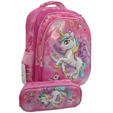 Imagem de Mochila Escolar Juvenil Infantil Unicórnio 3D e Estojo Escolar - Fany