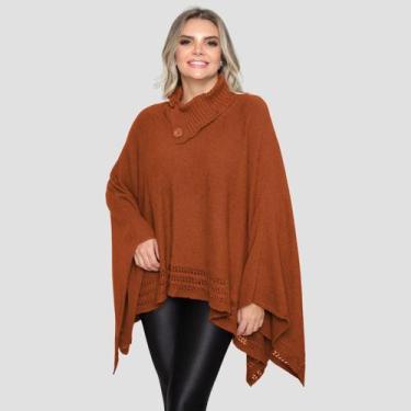 Imagem de Poncho Feminino Tricot Mousse Liso Gola Alta Casaco Lã Inverno - GIP, 