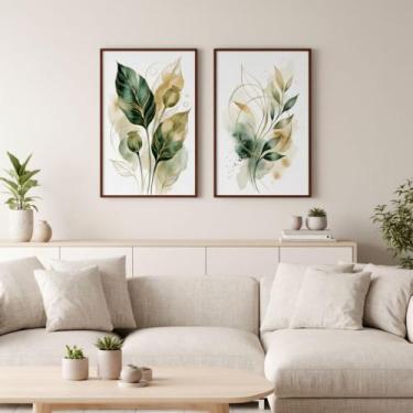 Imagem de Kit 2 Quadros Folhagem Verde Dourado Aquarela 60x80 Moldura Cor da Mol
