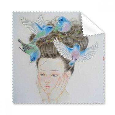 Imagem de Pretty Girl Blue Bird pano de limpeza de pintura chinesa limpador de óculos de tela de telefone 5 peças