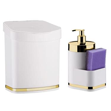 Imagem de Kit Lixeira 2,5L E Dispenser Porta Detergente Esponja Organizadores de Pia Cozinha Branco Dourado - Future