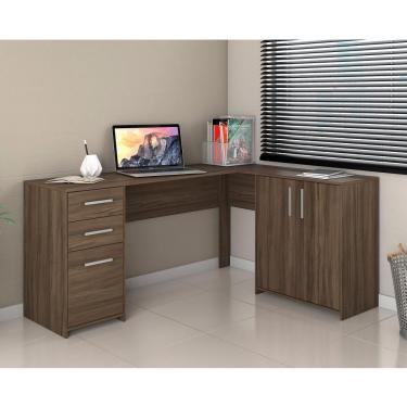 Imagem de Mesa de Escritório Escrivaninha Em L Home Office Para Computador Quarto 3 Portas Marrom Escuro