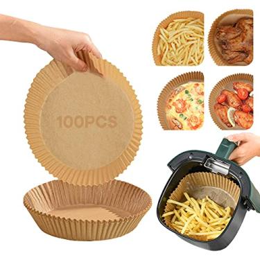 Imagem de 100 peças de forro de papel descartável para fritadeira a ar, 20 cm, papel antiaderente para fritadeira a ar, pergaminho à prova de óleo, à prova de água, para assar no micro-ondas (redondo-natural)