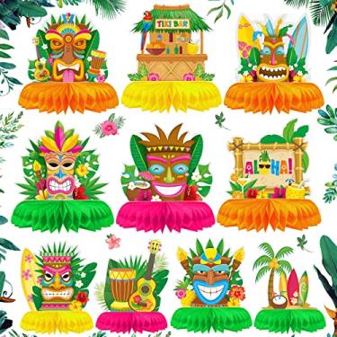Imagem de 10 peças de centro de mesa havaiana Luau Honeycomb Tiki para mesa de centro de mesa Tiki Bar Decorações de festa Luau para adultos, decoração de totem Tiki de verão, peça central tropical de colmeia e decoração de praia