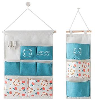 Imagem de 2 pacotes de bolsos de armazenamento sobre a porta, sacos de armazenamento pendurados, organizador de linho de algodão, porta de parede, armário de porta de parede, 7 e 3 bolsos, organizador de casa para quarto e banheiro (urso azul)