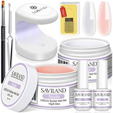 Imagem de SAVILAND Builder Conjunto de gel para unhas - Kit de extensão de unhas com 2 cores básicas, gel de fortalecimento de unhas transparente com lâmpada de unha, 100 peças para espessamento de unhas em