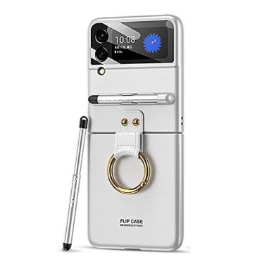 Imagem de DENSUL Capa fina para Samsung Galaxy Z Flip 4, capa de PC durável, proteção total à prova de choque com slot para caneta de armazenamento e estojo de anel de metal resistente a impressões digitais, branco