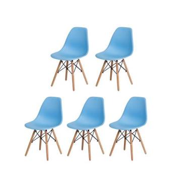Imagem de Kit 5 Cadeiras Charles Eames Eiffel Azul Claro Base Madeira Sala Cozin