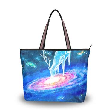 Imagem de My Daily Fashion Bolsa de ombro feminina para pintar fantasia de veado galáxia bolsas grandes, Multicoloured, Medium