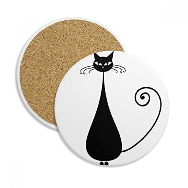 Imagem de Black Cat Sit Halloween Animal Art Outline Coaster Cup Caneca de proteção de mesa Pedra absorvente