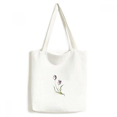 Imagem de Bolsa de lona roxa flor tulipa verde sacola de compras bolsa casual bolsa de compras