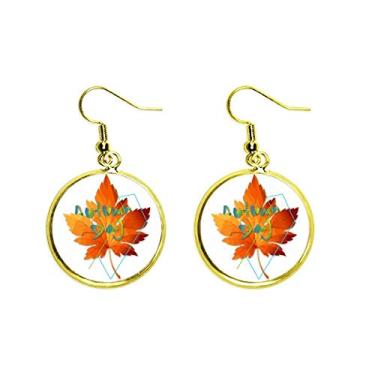 Imagem de Brinco de gota dourada com paisagem de outono com folhas prensadas