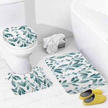Imagem de Conjunto de tapetes de banheiro 3 peças de tapete de banheiro lavável com folhas florais aquarela tapete antiderrapante tapete de contorno e tampa para banheiro