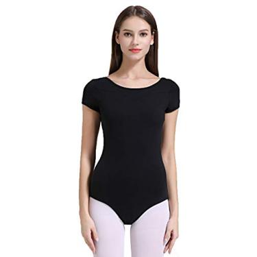 Imagem de ModLatBal Collant feminino e feminino de manga curta para balé dança ginástica, Full Black, X-Large