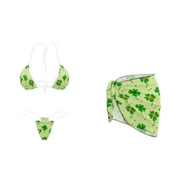 Imagem de Yewattles Conjunto de biquíni triangular, 3 peças, com saída de sarongue para mulheres, biquíni com cordão de amarrar no pescoço, Green Saint Patrick, XX-Large