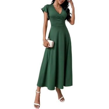 Imagem de Camisa Feminina Solid Surplice Neck Butterfly Sleeve A-line Dress (Color : Dark Green, Size : CH)